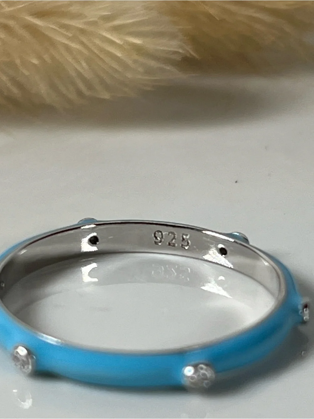 Rhodium Plated 925 Sterling Silver Turquoise Color Enamel Stacker Ring Size 7.25